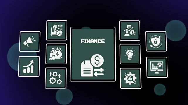 FINANCE business infographic showing monetary transactions, account reconciliation, investment planning, financial reporting, cash flow analysis and corporate management.