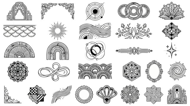 Mystical celestial line art elements, 30 black geometric vector icons. Bohemian mandala and floral border set. Decorative spiritual symbols for branding.