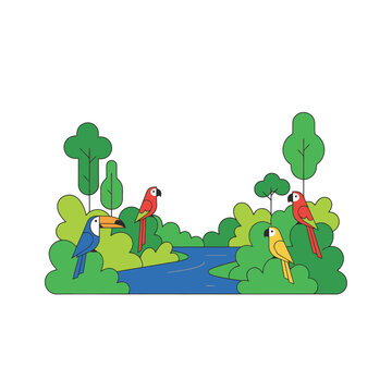 Flat vector illustration of tropical birds in a jungle river scene