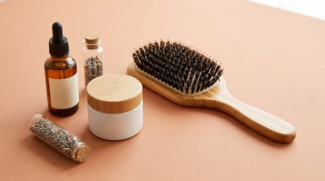 Natural wooden hairbrush and organic cosmetic bottles placed together on warm beige background surface