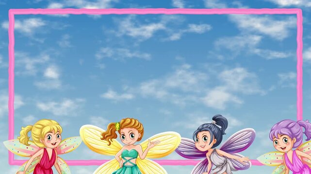 Cartoon Fairies Frame with Drifting Clouds Sky Animation Loop