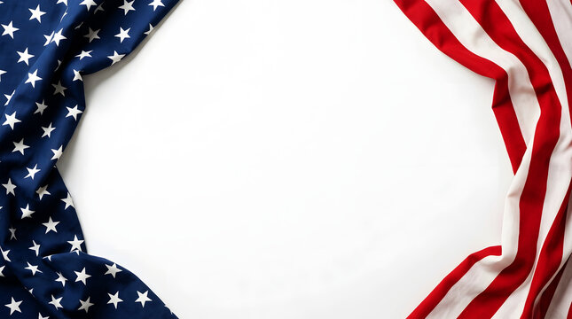 American flag fabric draped on white background, stars and stripes border