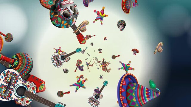 Mexican Fiesta Festive Background with Flying Guitars Skulls and Sombreros