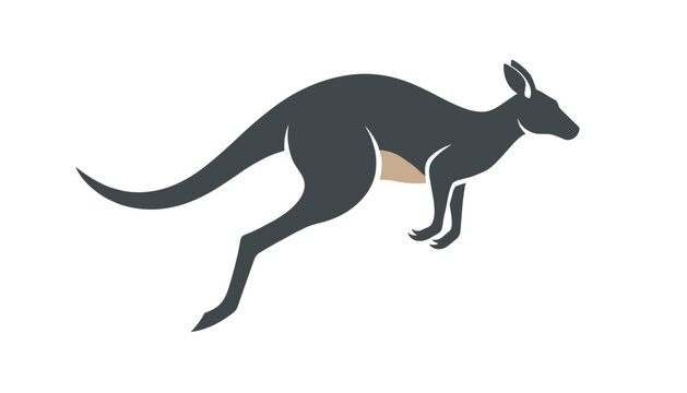 Minimalist flat vector illustration of a wild grey kangaroo hopping energetically across a plain white background.