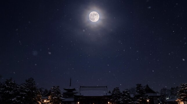Full moon and silhouette of a temple and pagoda on a snowy midnight (top copy space, horizontal)