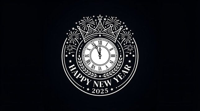 Happy New Year 2025 celebration featuring clock fireworks and elegant