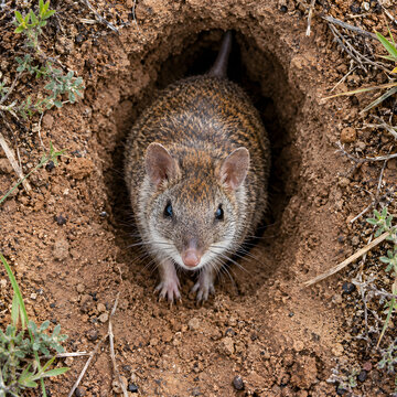 Australian Burrowing Marsupial Emerging from Underground Burrow in Red Soil, Aerial View