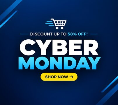 Cyber monday sale promotional banner with shopping cart icon on blue background