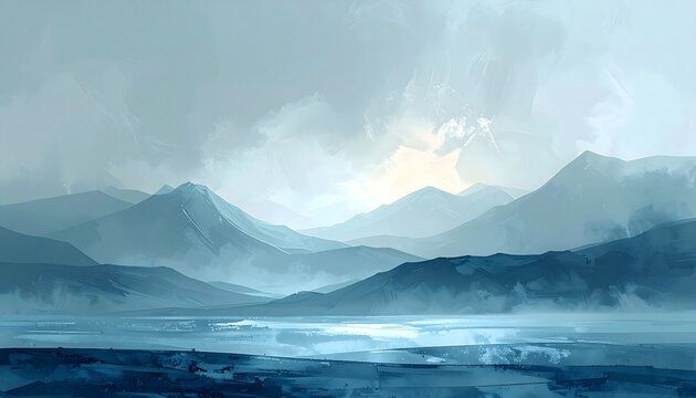 Paisaje monta&ntilde;oso azul con niebla y agua tranquila en primer plano