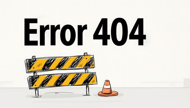 Texto Error 404 con barrera de obras y cono sobre fondo blanco
