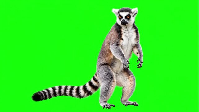 Ring-tailed lemur standing upright on pure green screen, full body and striped tail with subtle movement for chroma key compositing, wildlife education and VFX clip