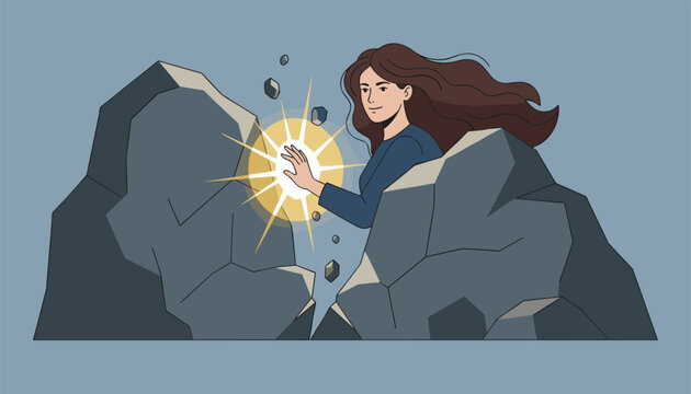 Brave woman holding a glowing magical light sphere between two giant cracking rocks representing power and inner strength.