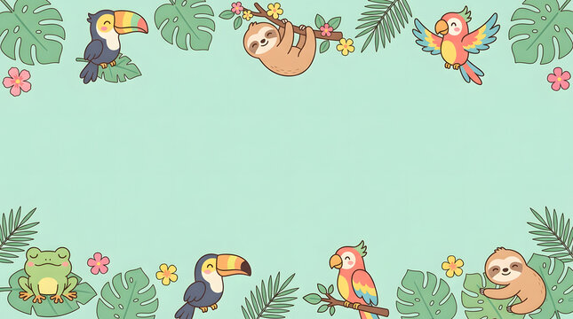 Cute Tropical Jungle Animals Border Background with Sloth Toucan Parrot and Frog Featuring Monstera Leaves and Flowers in Cartoon Style for Child