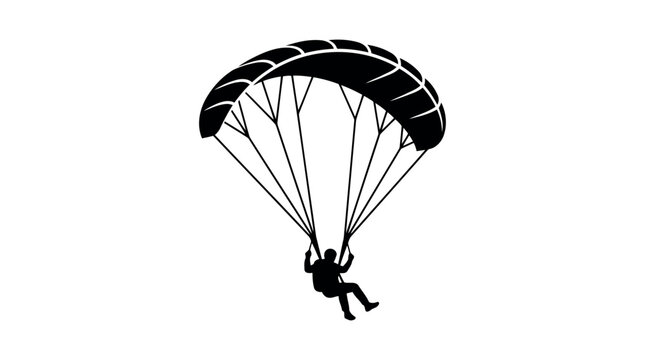 A black silhouette of a paraglider descending against a white background silhouette glider skydiving