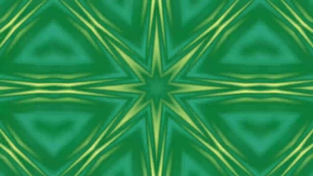 Green kaleidoscope background with star patterns, abstract geometric motion graphics, emerald symmetrical visual loop for vj stage backdrops