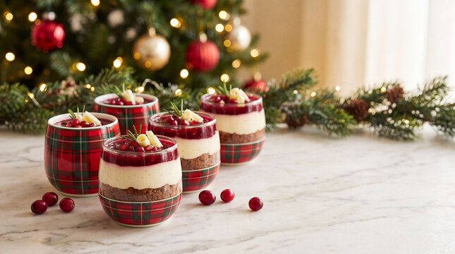 クリスマスツリーの前で輝くベリーのムースケーキ | 華やかな光