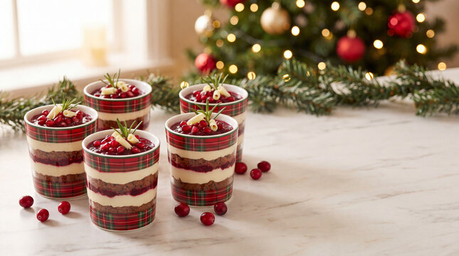 クリスマスツリーの前で輝くベリーのムースケーキ | 華やかな光