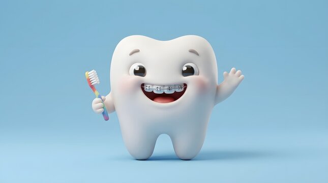 Cute cartoon tooth character holding a colorful toothbrush on blue background