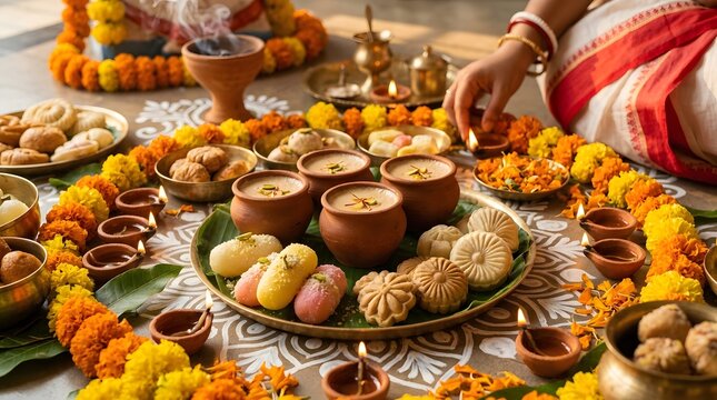 Traditional Indian festival setting with sweets and marigold decorations