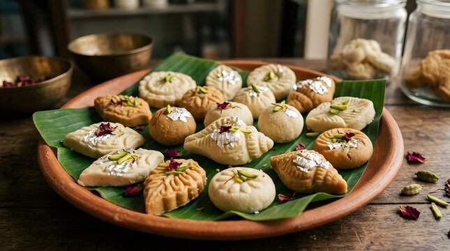 Assorted Indian sweets arranged on a banana leaf in rustic setting