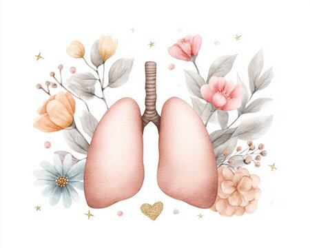 Watercolor Floral Lungs Illustration with Cute Flowers Leaves Clouds and Stars for Respiratory Health Care Concept