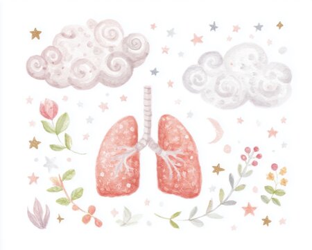 Watercolor Floral Lungs Illustration with Cute Flowers Leaves Clouds and Stars for Respiratory Health Care Concept