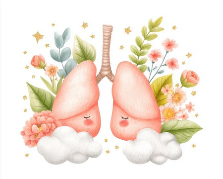 Watercolor Floral Lungs Illustration with Cute Flowers Leaves Clouds and Stars for Respiratory Health Care Concept