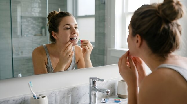 Young woman applying skincare in modern bathroom mirror reflection