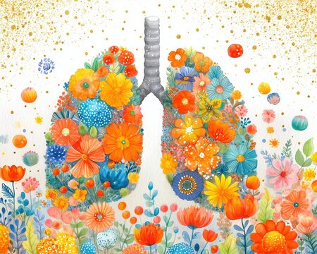 Sweet Pastel Watercolor Lungs Surrounded by Blooming Flowers and Cloud Elements for Asthma and Breathwork Awareness