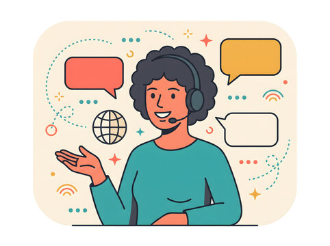 Customer service representative wearing a headset communicates with clients through speech bubbles and global network icons in a flat vector style.