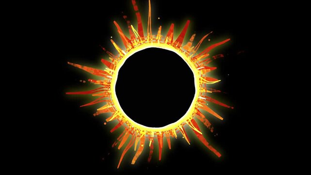Solar eclipse animation with fiery corona ring glowing on black background