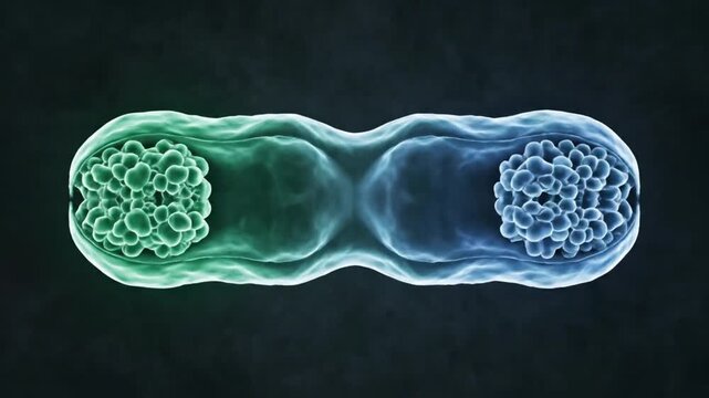 Cell division process showing binary fission or mitosis.