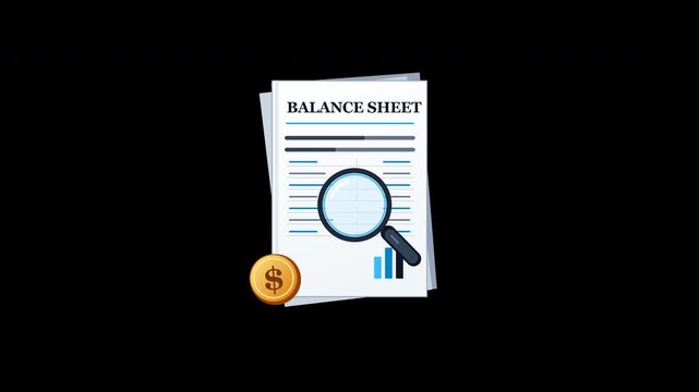 Precision balance sheet audit document with scanning magnifying glass and gold coin in an eight second transparent loop.