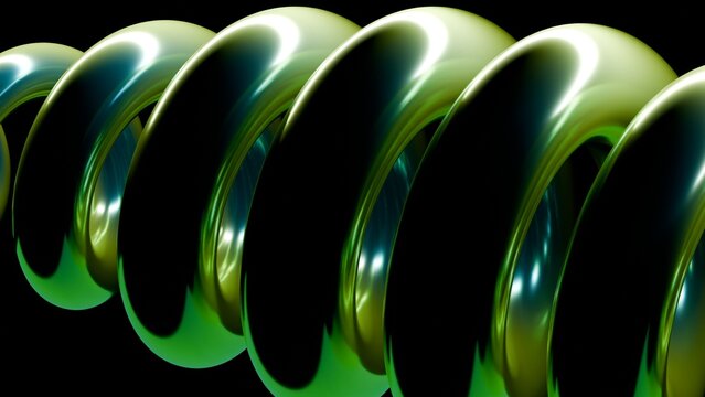 Abstract 3D Green Metallic Spiral Coil Background with Glossy Chrome Texture, Futuristic Industrial Spring Design for Technology and Science