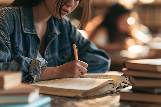 Young student in a denim jacket writing notes in an open book at a library table with blurred books