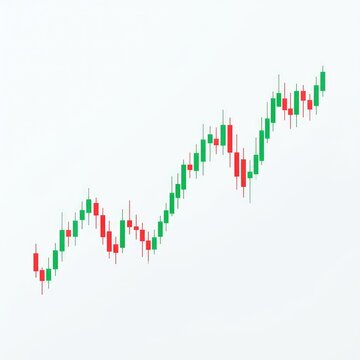A clean financial graph shows red and green candlestick bars tracing price movements across a minimal white background for data analysis, increase, concept, investment