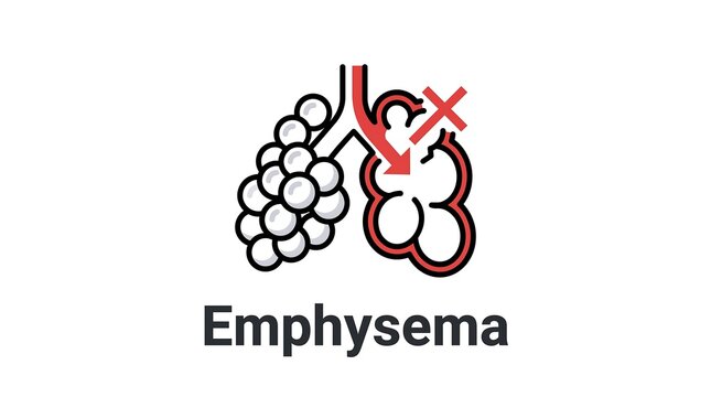Emphysema illustration showing damaged lung alveoli with cross mark