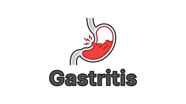 Gastritis illustration showing inflamed stomach with pain symbols