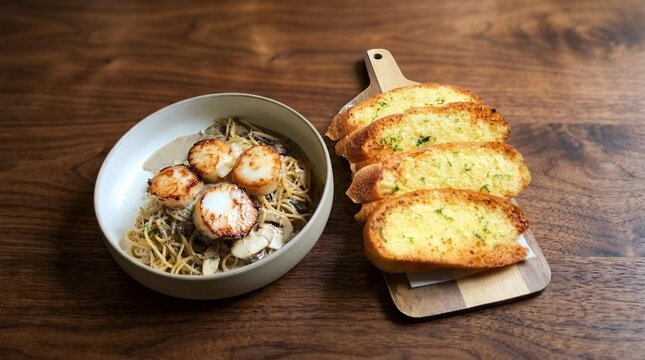 garlic bread , Mushroon truffle sauce with scallop