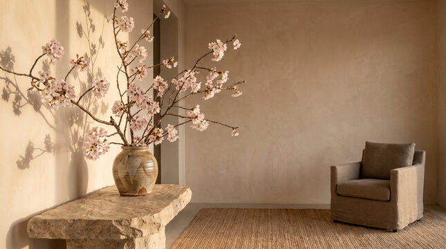 Japanese cherry blossom branches in a ceramic vase on a stone table  