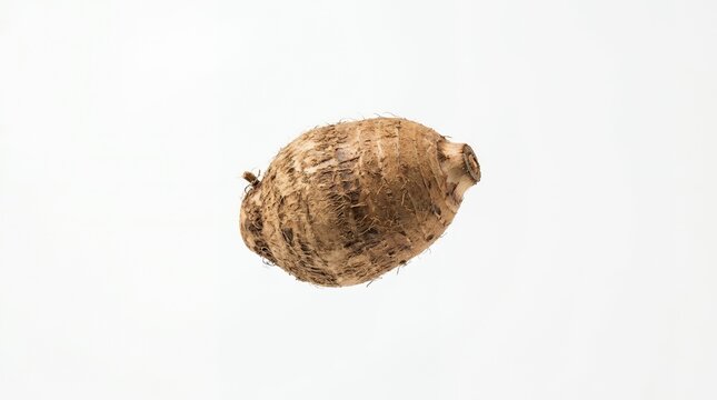 Single Whole Raw Organic Taro Root Isolated on White Background, Brown Textured Skin Starchy Vegetable