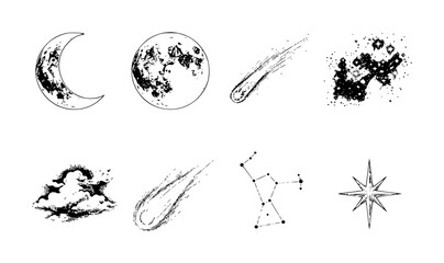 Celestial moon, stars, comets, constellations, and starburst © Vector_Mint