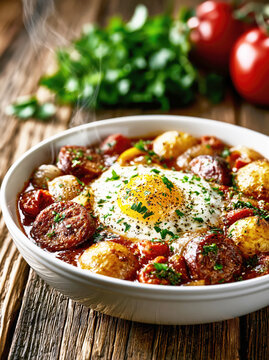 Rustic Potato Sausage Stew with Fried Egg &ndash; AI Generative