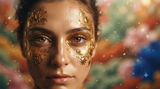 Portrait of Stunning Woman with Artistic Gold Sun Glitter Makeup on Facial Skin