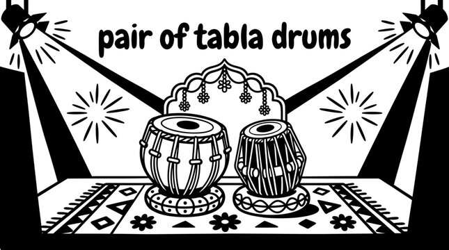 pair of tabla drums on an Indian classical music stage with traditional decorative patterns and focused lighting black and white vector scene featuring representing intricate rhythmic cycles