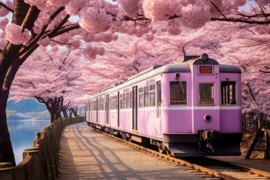 Cherry blossom with train in spring in Korea transportation outdoors scenery.