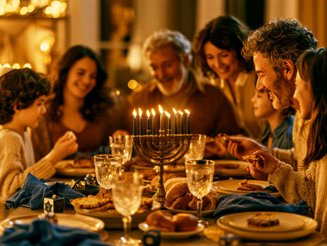 Family Hanukkah Dinner with Eight Burning Candles