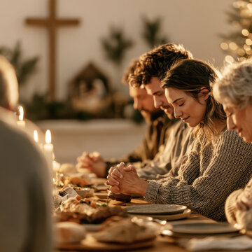 Family Sharing a Quiet Religious Christmas Celebration