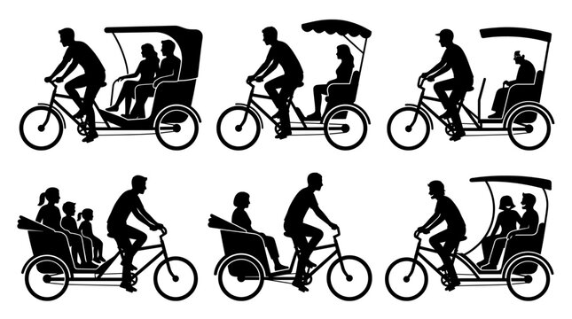 Cyclo-pedal rickshaws with passengers in silhouette. Pedicab designs with riders. Cyclo, tricycle, bicycle rickshaws. Vector illustration.
