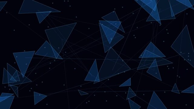 Abstract glowing blue triangles connecting with digital lines floating across dark technological cyberspace background